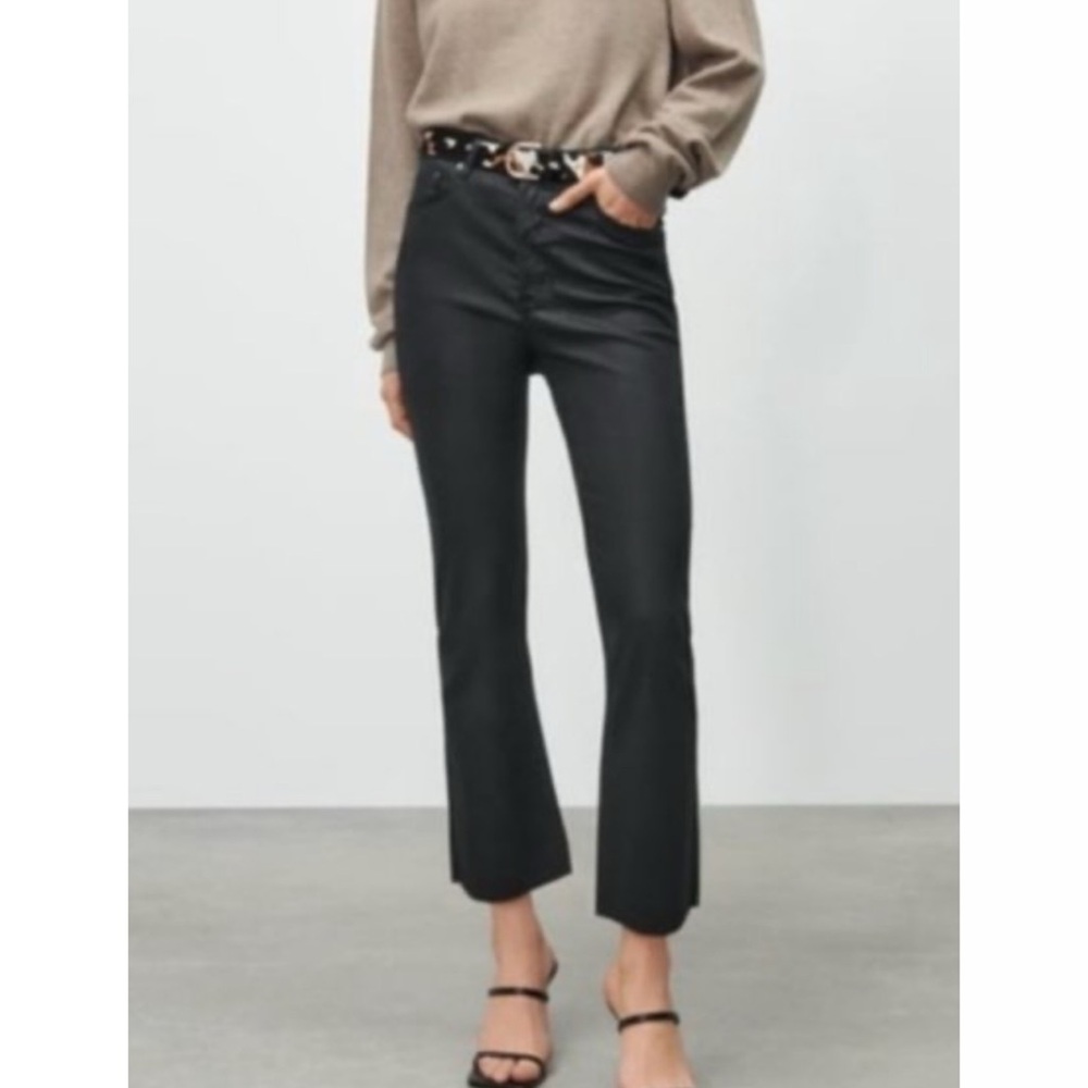 Zara Black Wax Coated Raw Hem Cropped Straight Leg Pants
